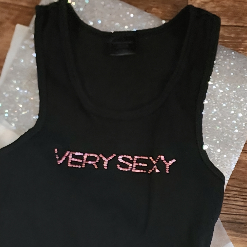RARE! VICTORIA'S SECRET COTTON LOGO RIBBED TANK Embellished VERY SEXY OSFM BLACK